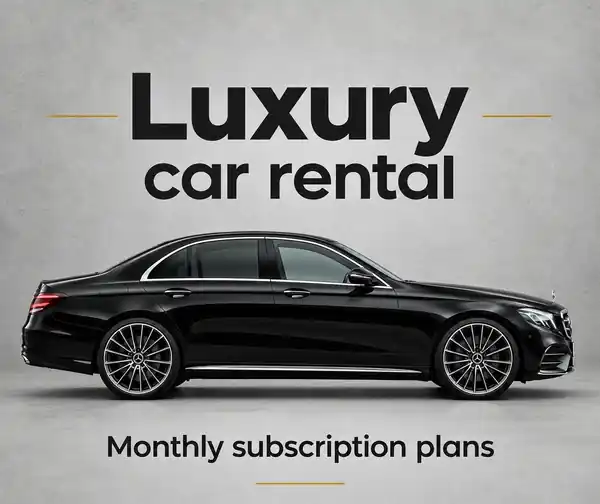 Black luxury sedan with luxury car rental and monthly subscription plans